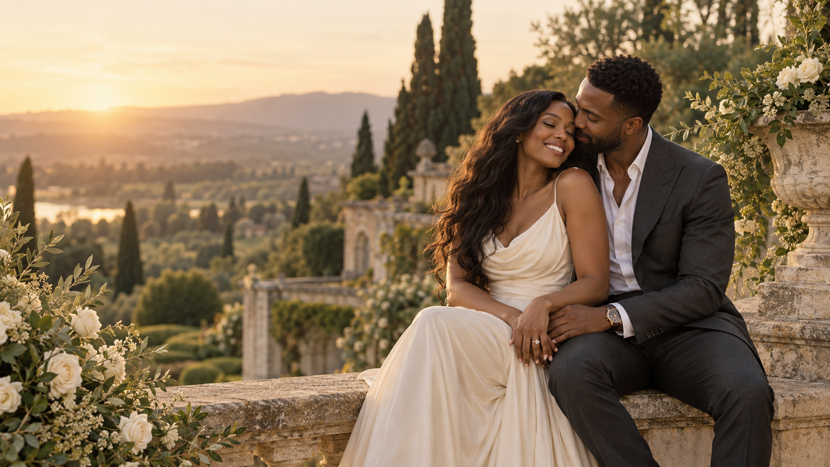 Illustrative engagement portrait of a joyful couple embracing on a garden terrace
